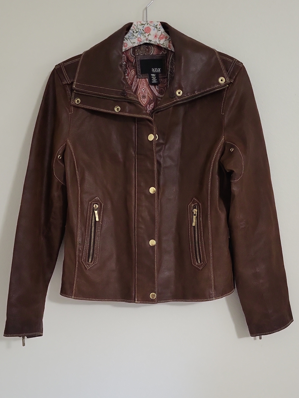 a.n.a Brown Leather Moto Jacket Paisley Lining Gold Zippers And Snaps